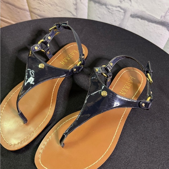 Lauren Ralph Lauren Womens Patsi T-Strap Thong Flat Sandals Size 8B Black Logo - Picture 2 of 8